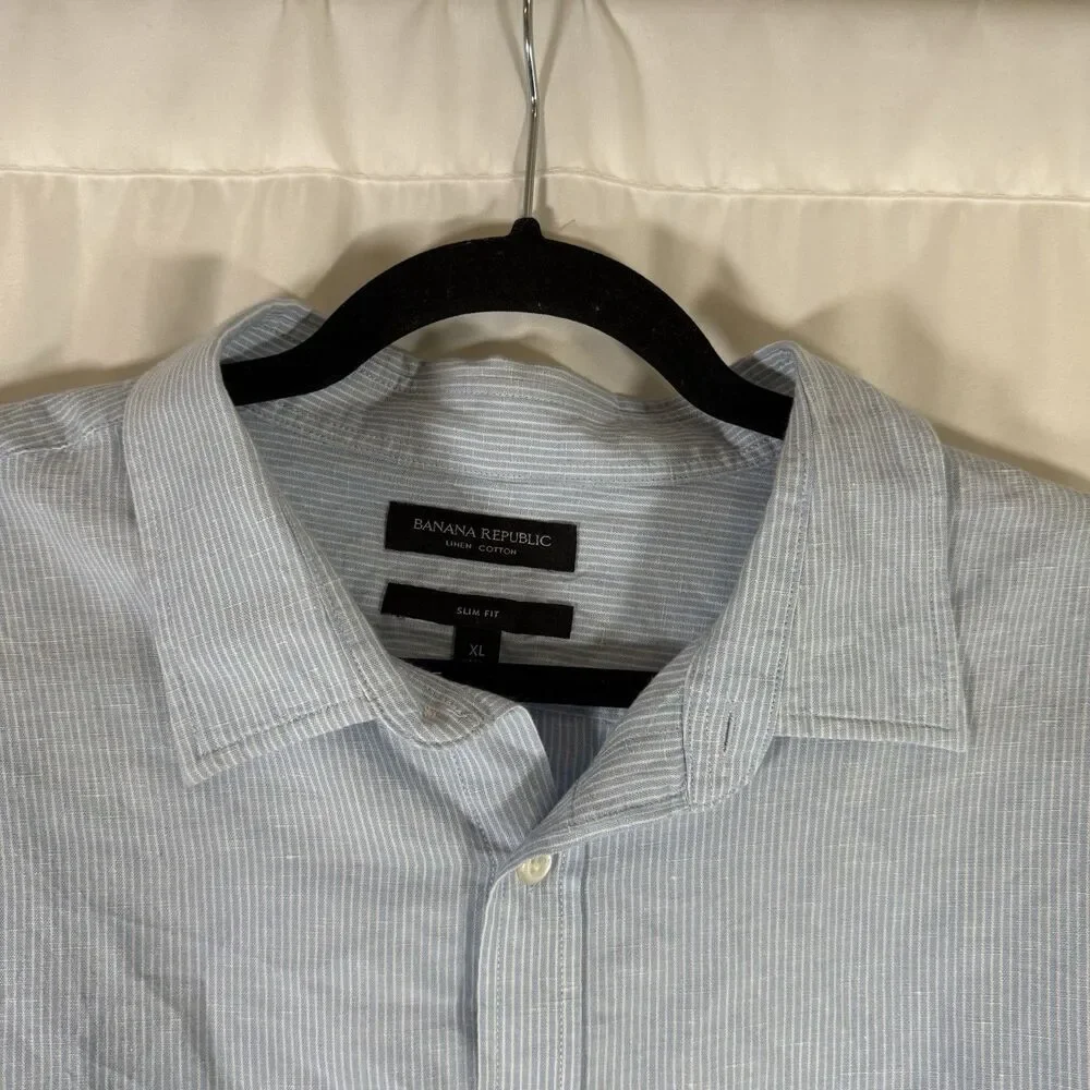 Banana Republic Linen Blend Shirt Men's XL Blue Striped Button Up Short Sleeve
